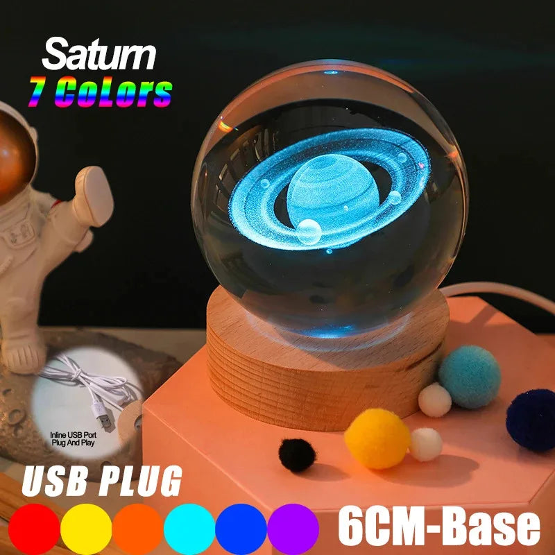 3D Crystal Lights Lamp RGB Glowing Planetary Galaxy Night Light Crystal Ball Night Lights Bedside Home Decor Christmas Gift