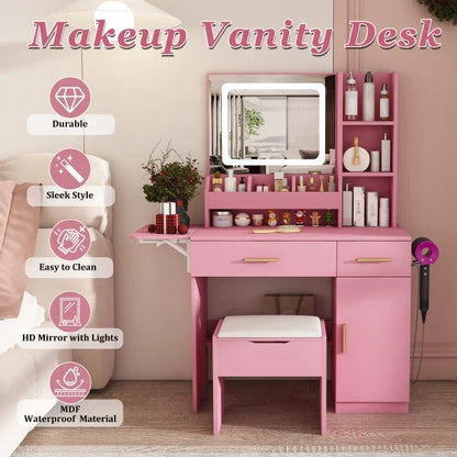 Vanity Desk with LED Mirror Lights and Power Outlet Charging Station, Makeup Dressing Table with 3