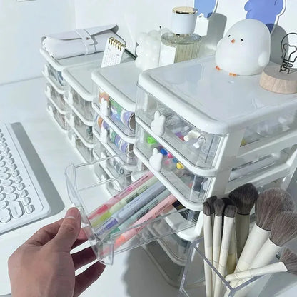 2-5 Layers Clear Stacking Drawer Organizer Multi-Tier PP Storage Box Cartoon for Office/Beauty Products, Modular Desktop System