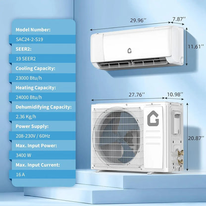 24000 BTU Mini Split Air Conditioner Heat Pump 19 SEER2 230V Ductless Inverter AC System with WiFi Cooling & Heating 1500 Sq. Ft
