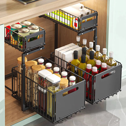 2-Tier Height Adjustable Under basin Organizer with Sliding Mesh Drawers Metal Pull Out Rack Shelf for Kitchen, Bathroom, Pantry