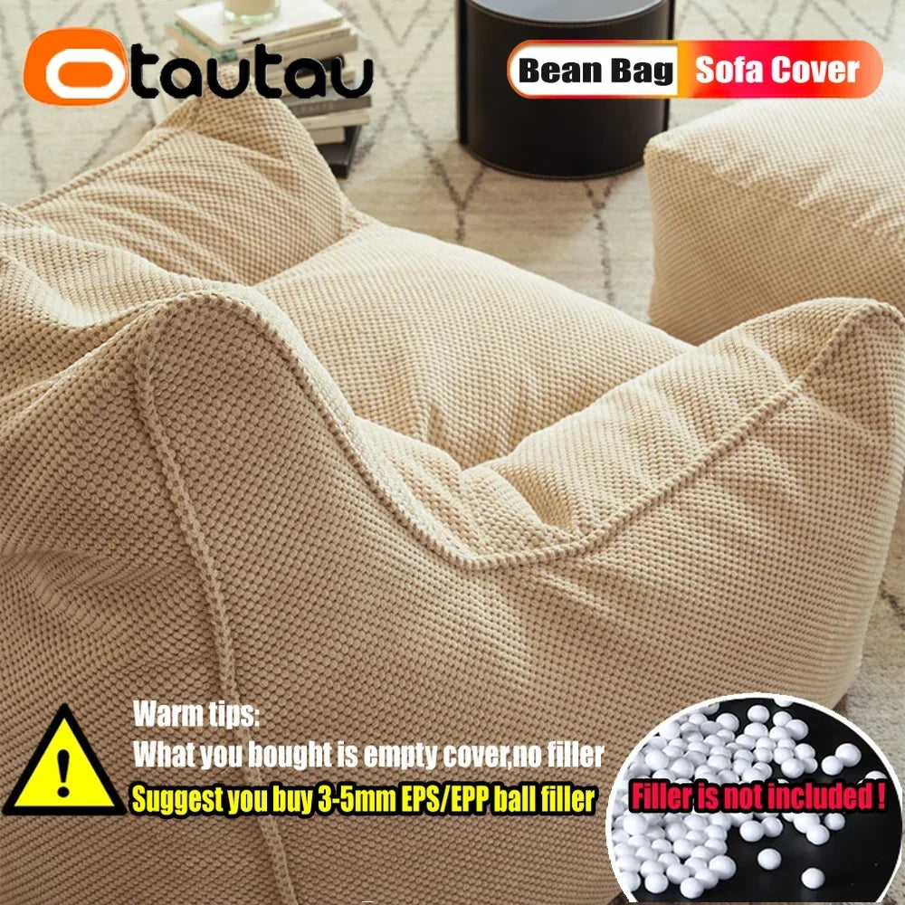 OTAUTAU Soft Waffle 1-2 Seat Bean Bag Couch Cover Set Without Filler Beanbag Armchair Lazy Sofa Bed Lounger Ottoman Stool SF182