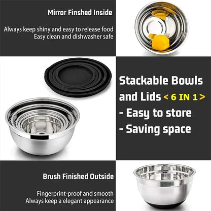 1/6PCS Silicone Bottom Thickened with Lid Cooking Basin Stainless Steel Egg Beating Basin Salad Mixing Basin Kitchen Baking