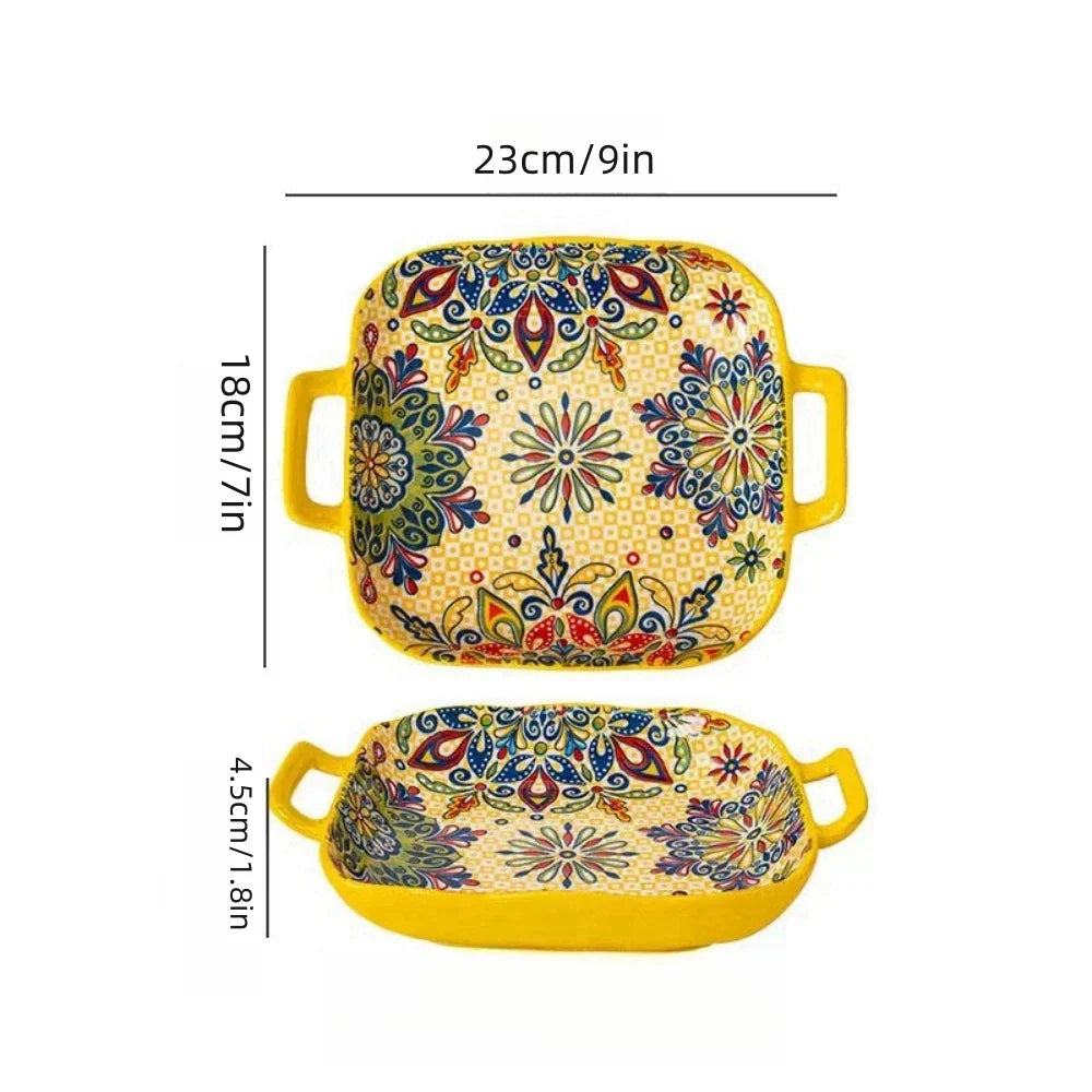 1 piece of 9-inch Bohemian style salad plate with double ear ceramic pasta dish, can be used for oven, microwave