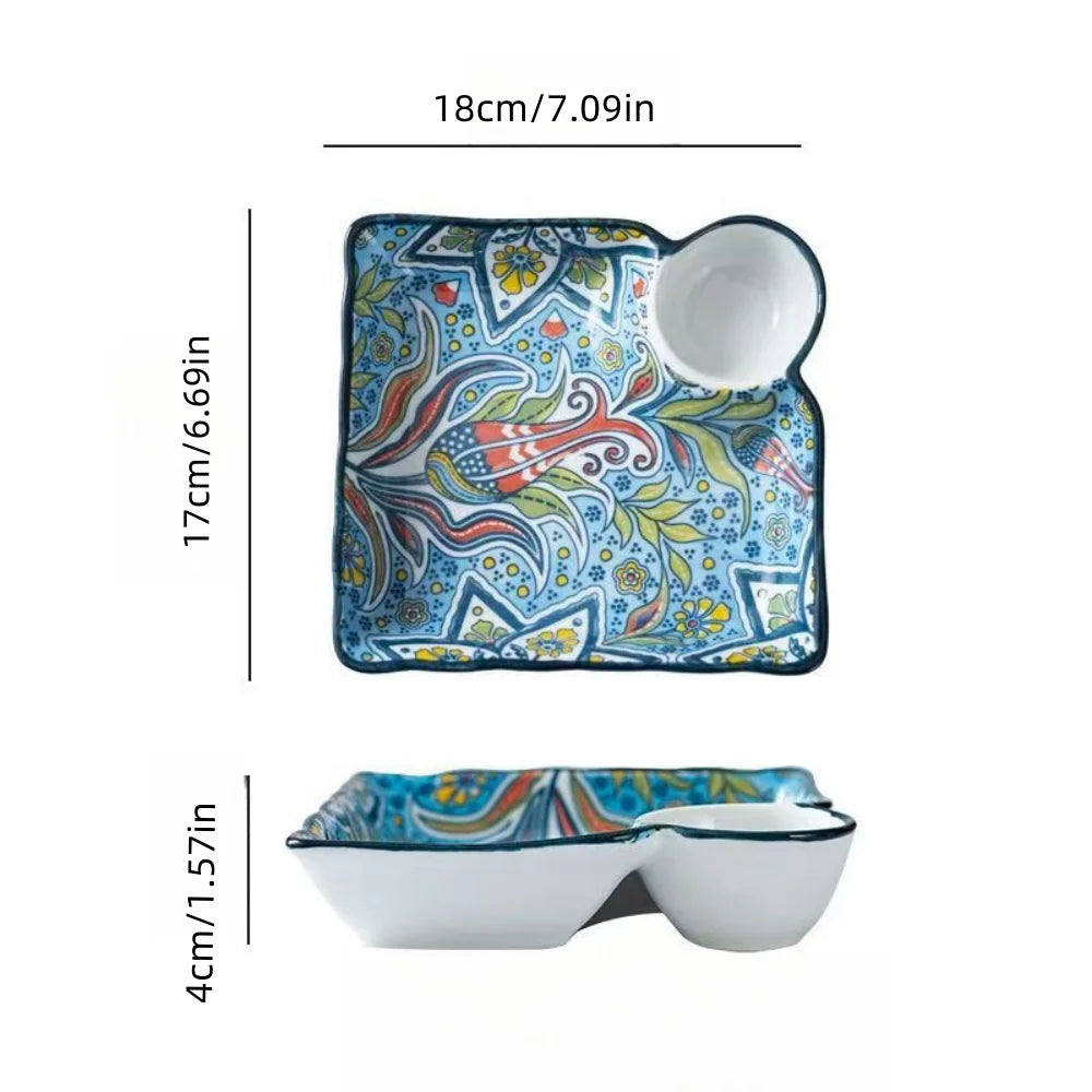 Bohemian dumpling plate with vinegar dish, household ceramic plate, segmented breakfast plate, high-end dumpling-specific plate