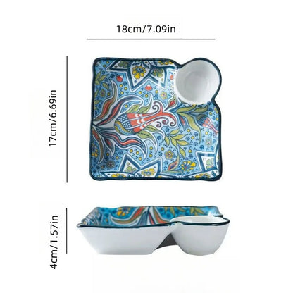Bohemian dumpling plate with vinegar dish, household ceramic plate, segmented breakfast plate, high-end dumpling-specific plate