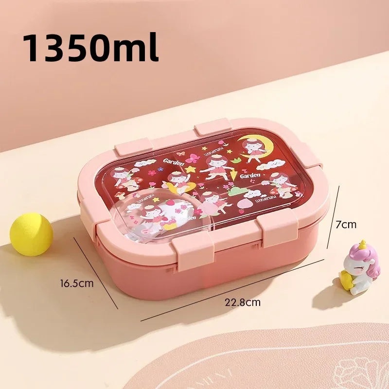 1000/1350ml Portable Cartoon Bento Box with Soup Bowl  Lunch Box Buckle Design Sealed Leak-proof Picnic Food Storage Container