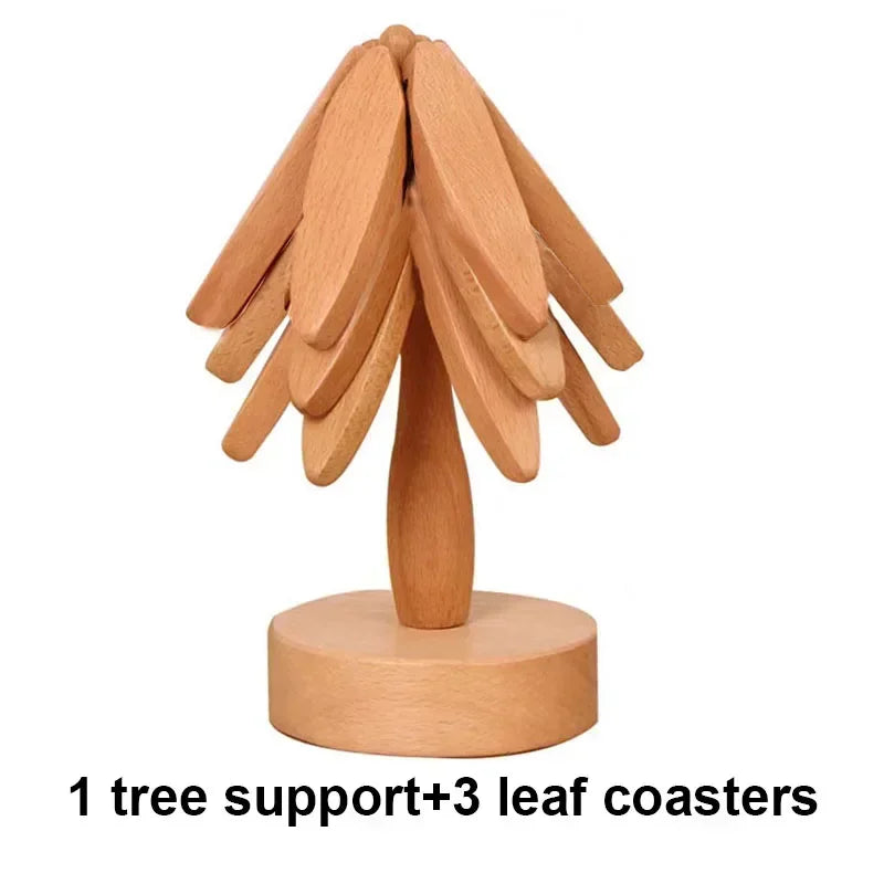 Wooden Trivets for Hot Dishes Folding Tree Shape Black Walnut Table Mat Holders Heat Insulated Pad Set Coasters for Pots