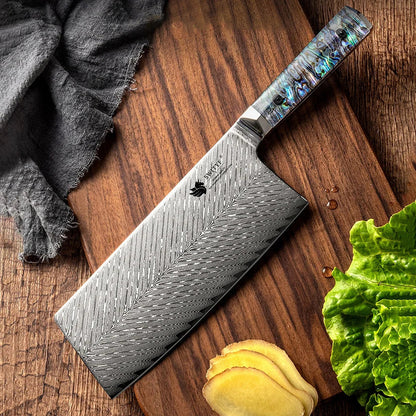 7.3 Inch Slicing Knife 73-layers Damascus AUS-10 Steel Blade Sharp Chef Cleaver Kitchen Knives Hexagonal Abalone Shell Handle