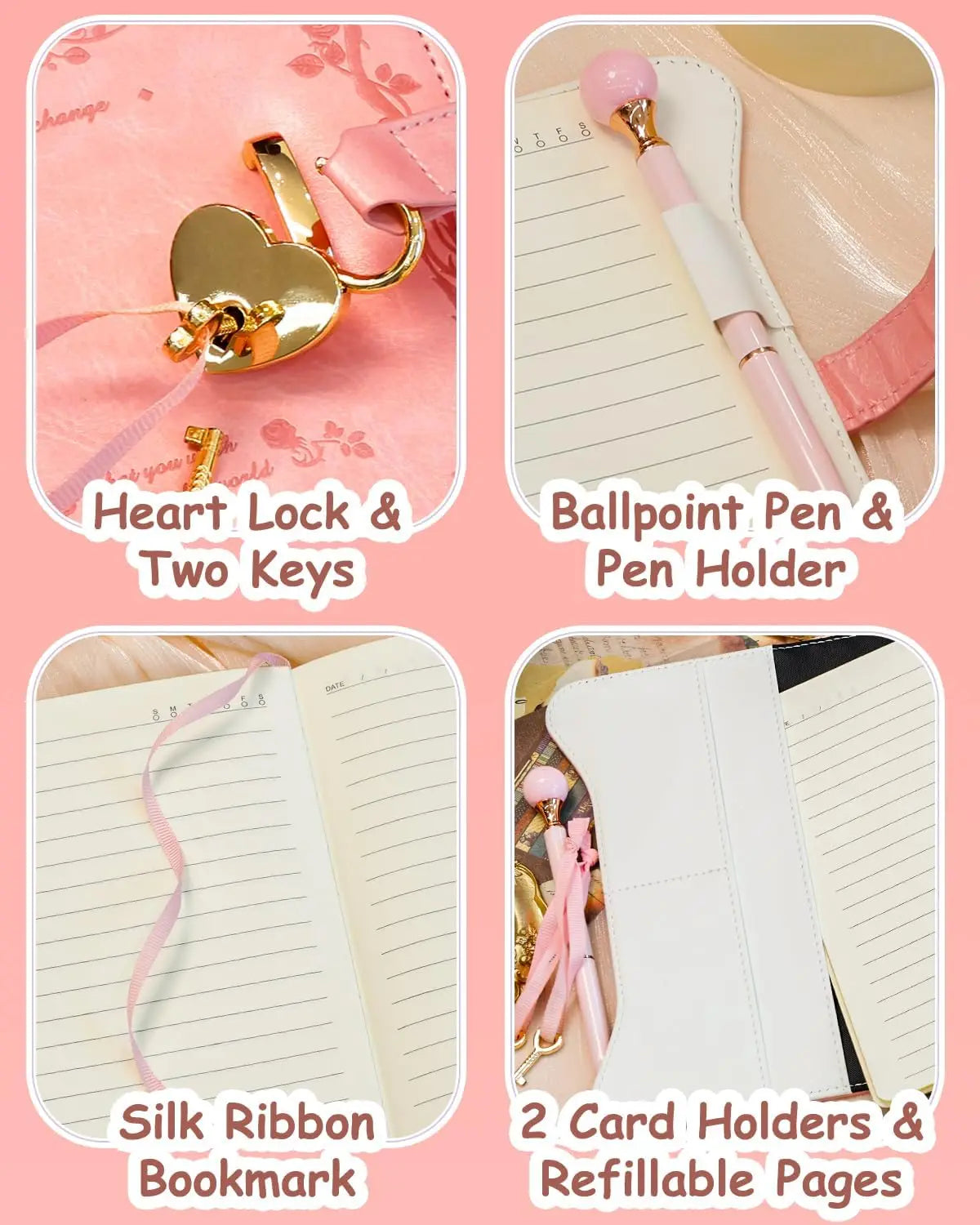 Lockable Diary with Golden Edges, 360 Pages Journal for Girls, B6 Notebook with Pen and Bookmark in Pink