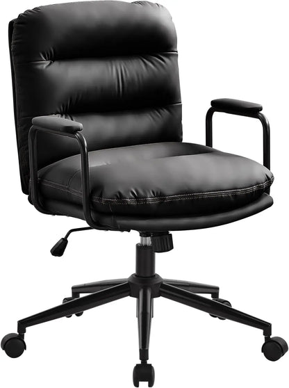 Leather Home Desk Chair, Comfortable Executive Office Chair with Wheels, Ergonomic Computer Task Chair Adjustable Height, Brown