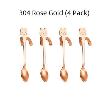 2/4PCS Set 304 Stainless Steel Cat Spoon Creative Cartoon Hanging Edge Spoon Cute Coffee Spoon Gold-plated Stirring Spoon