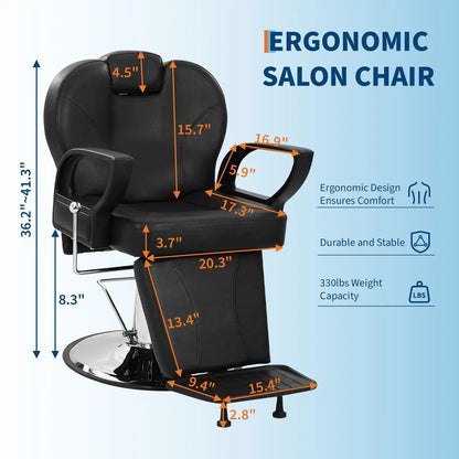 Premium Hydraulic Barber Chair 360° Swivel Reclining Salon Chair With Headrest & Footrest, 330 Lbs Max Load