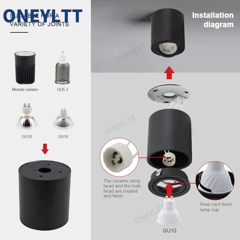 Spotlight GU10 Fitting Round LED Surface Mounted Ceiling Spot Light GU 10 Halogen Bulb Cylinder Down Lamp Fixture 220V