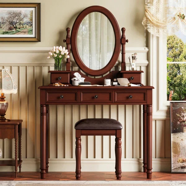 Vanity Desk with Adjustable Angle Mirror, Vintage Vanity Makeup Table and Cushioned Stool Set with