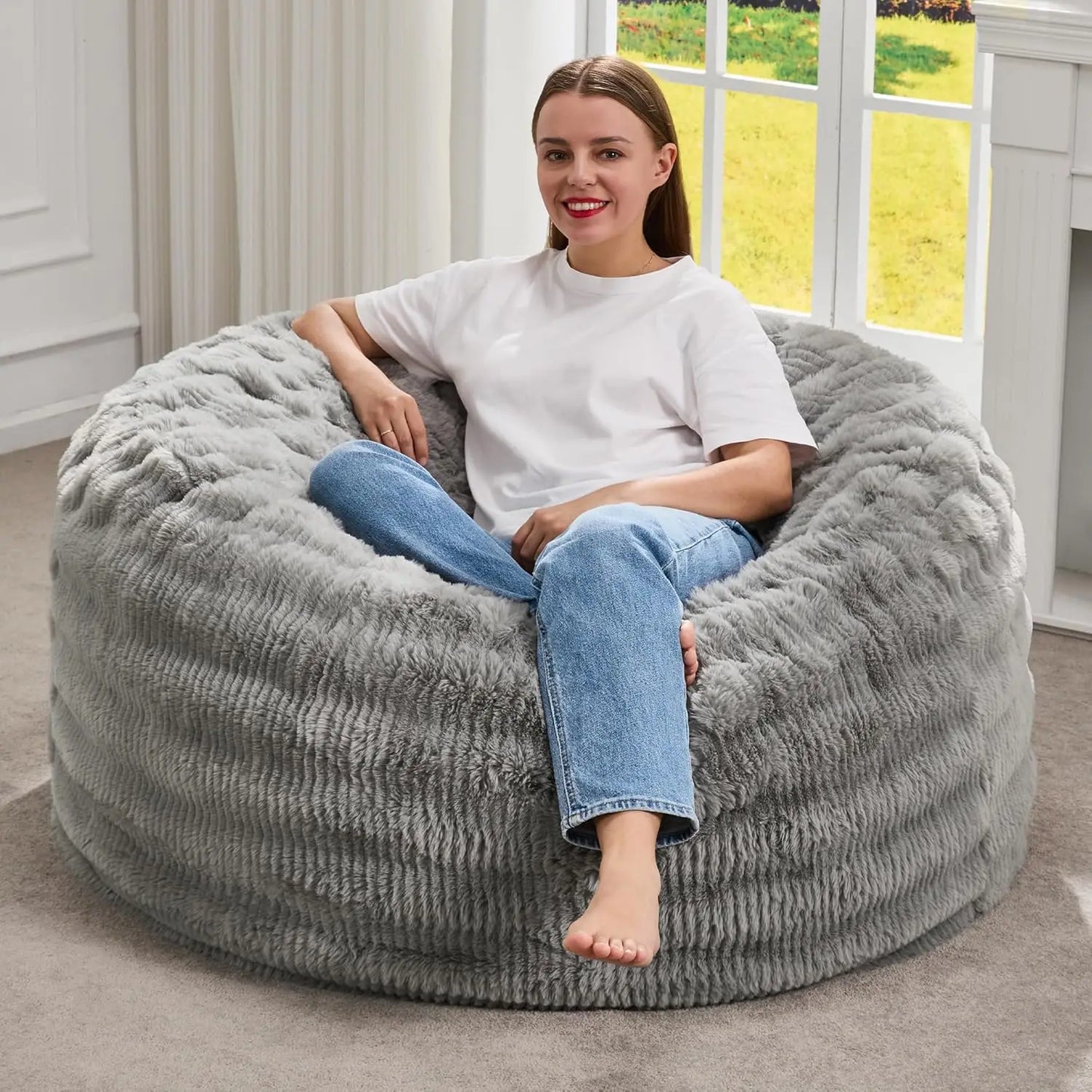 Comfortable Memory Foam Bean Bag Chair with Fluffy Cover, 3FT Size for Adults (Grey)