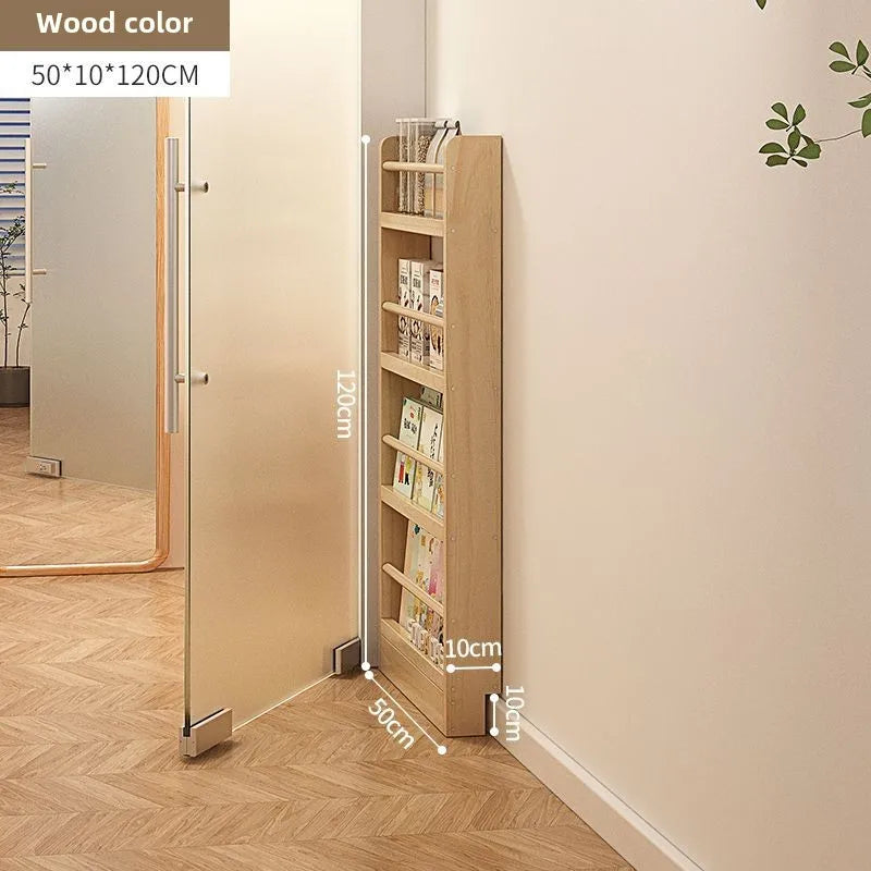Solid wood bookshelf, floor standing wall mounted multi-layer storage rack, household bookshelf, thin bookshelf behind the door