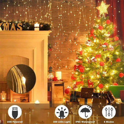 Bright 300 LED Curtain Light, Plug in Fairy Lights for Bedroom, Christmas Hanging String Lamp Outdoor for Window Backdrop Wall