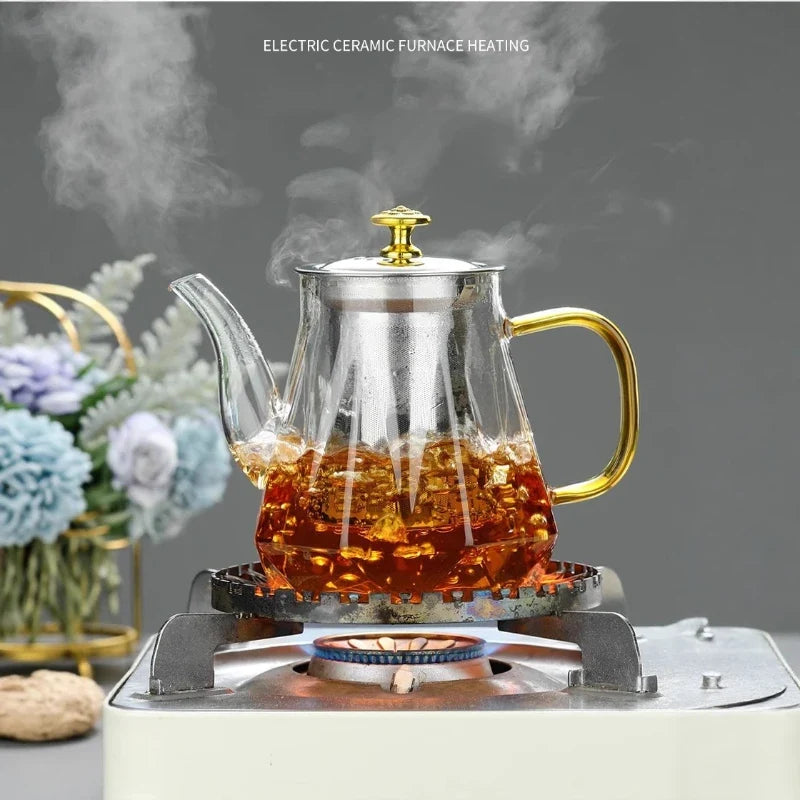 JUSTINLAU Glass Teapot Heat Resistant Borosilicate Clear Diamond Tea Kettles with Removable Stainless Steel Infuser Teaware Set