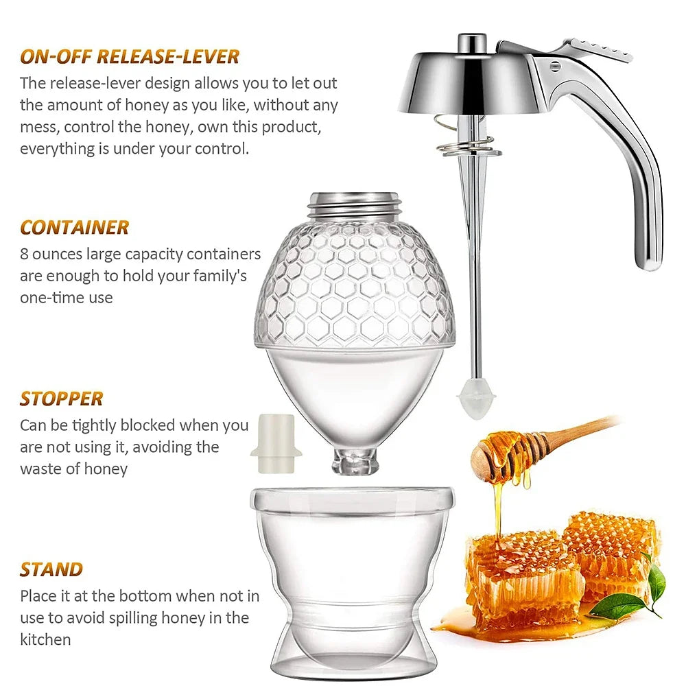 No Drip Acrylic Honey Pourer Dispenser with Stand Honey Jar Container Storage Juice Syrup Cup Bee Drip Dispenser Kettle