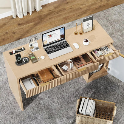 60" Executive Desk with Fluted Drawers,Wood Home Office Desk with Storage Cabinet, Charging Station,Fluted Computer Writing Desk