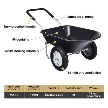 Dual Wheel Wheelbarrow Heavy Duty Garden Cart 330lbs Capacity Utility Cart Black