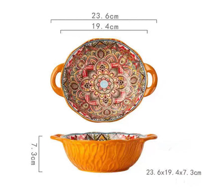 Bohemian Style Ceramic Soup Bowl with Handle Microwave Safe Embossed Design Great for serving soups salads ramen noodles