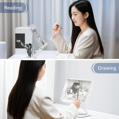 Acrylic Book Stand for Reading Adjustable Book Holder with 360° Rotating Base Elastic Page Clips Foldable Desktop Riser Stand
