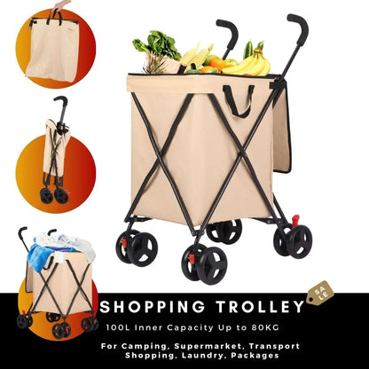Foldable Shopping Cart, 100L Capacity, 80kg Load, Detachable Washable Bag, Compact Grocery Cart for Supermarket & Urban Use