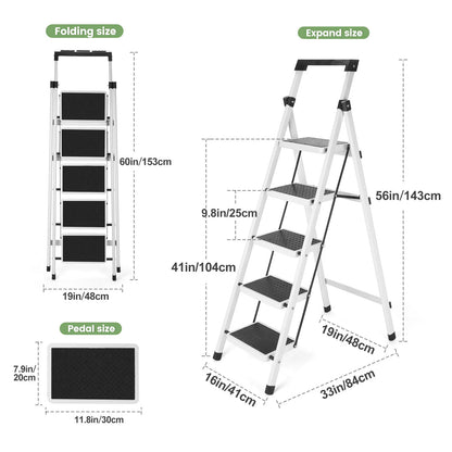 Step Ladder, Folding Step Stool, Heavy-Duty Step Ladder Stool with Handrail Wide Pedal, Anti-Slip Step Ladder with Handgrip