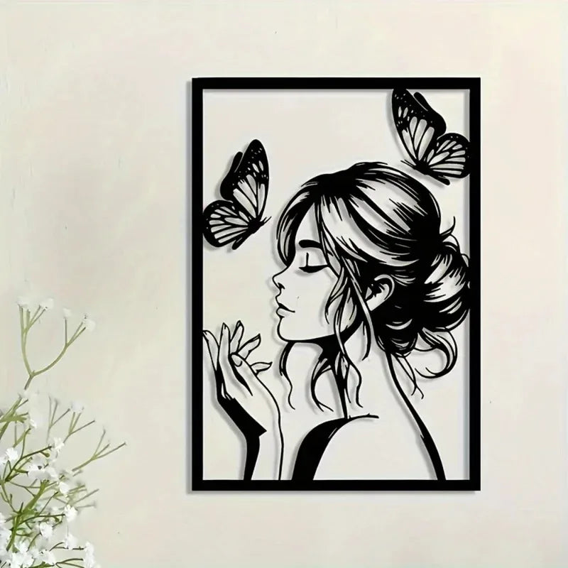 Metal Wall Art with Woman & Butterfly – Elegant Framed Decor for Room, Patio, Terrace, Perfect Gift for Her