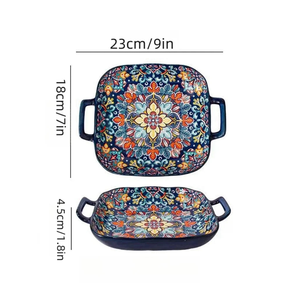 1 piece of 9-inch Bohemian style salad plate with double ear ceramic pasta dish, can be used for oven, microwave