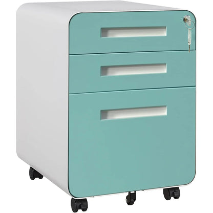 Lockable Secure 3-Drawer Metal File Cabinet Mobile Under Desk Storage on 5 Wheels, Anti-Tilt, for Home Office Organization