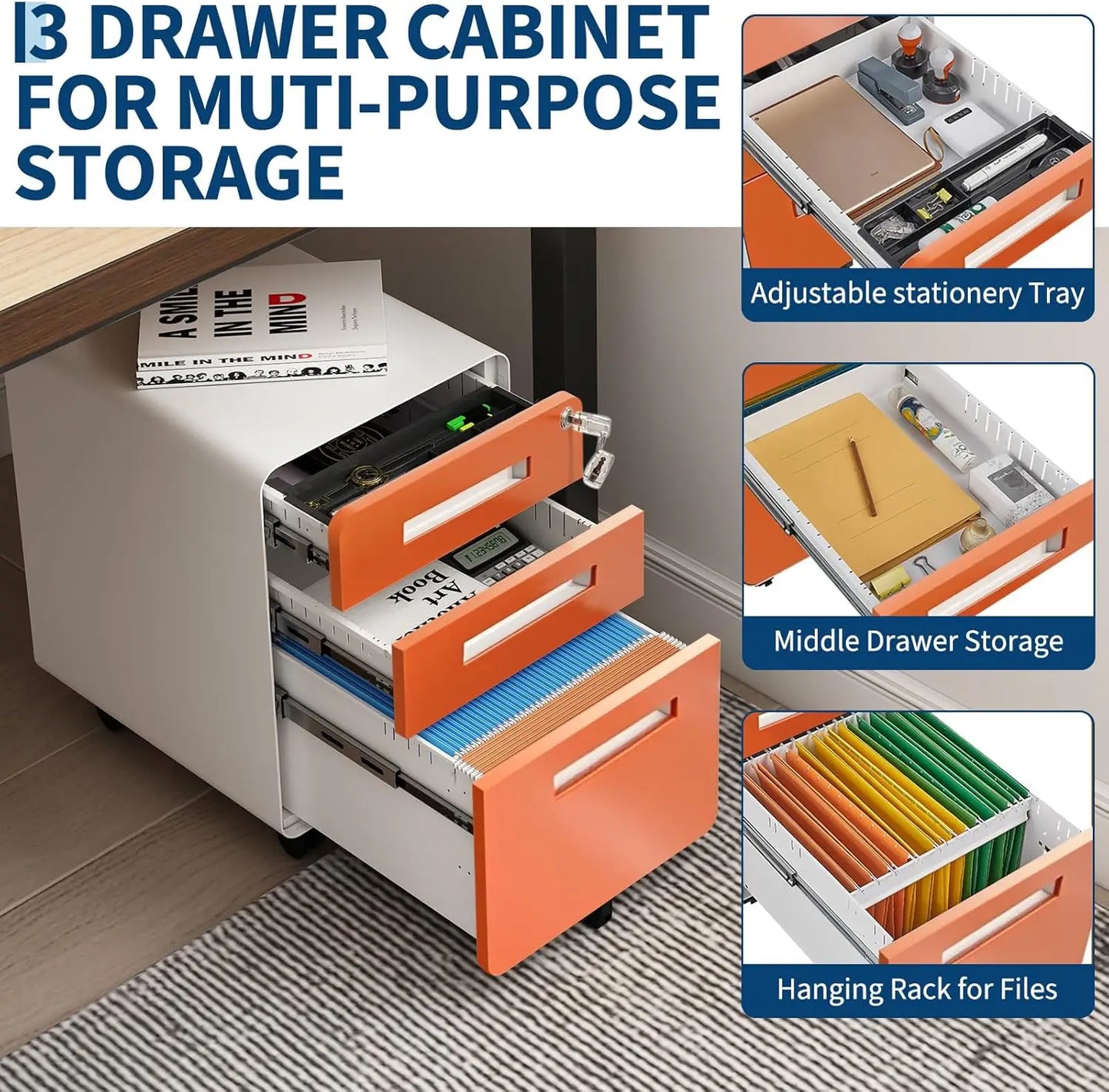 Lockable Secure 3-Drawer Metal File Cabinet Mobile Under Desk Storage on 5 Wheels, Anti-Tilt, for Home Office Organization