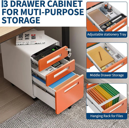Lockable Secure 3-Drawer Metal File Cabinet Mobile Under Desk Storage on 5 Wheels, Anti-Tilt, for Home Office Organization