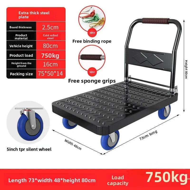 Steel plate pulling trolley trolley trolley handling thickened foldable portable silent trailer pulling flat truck