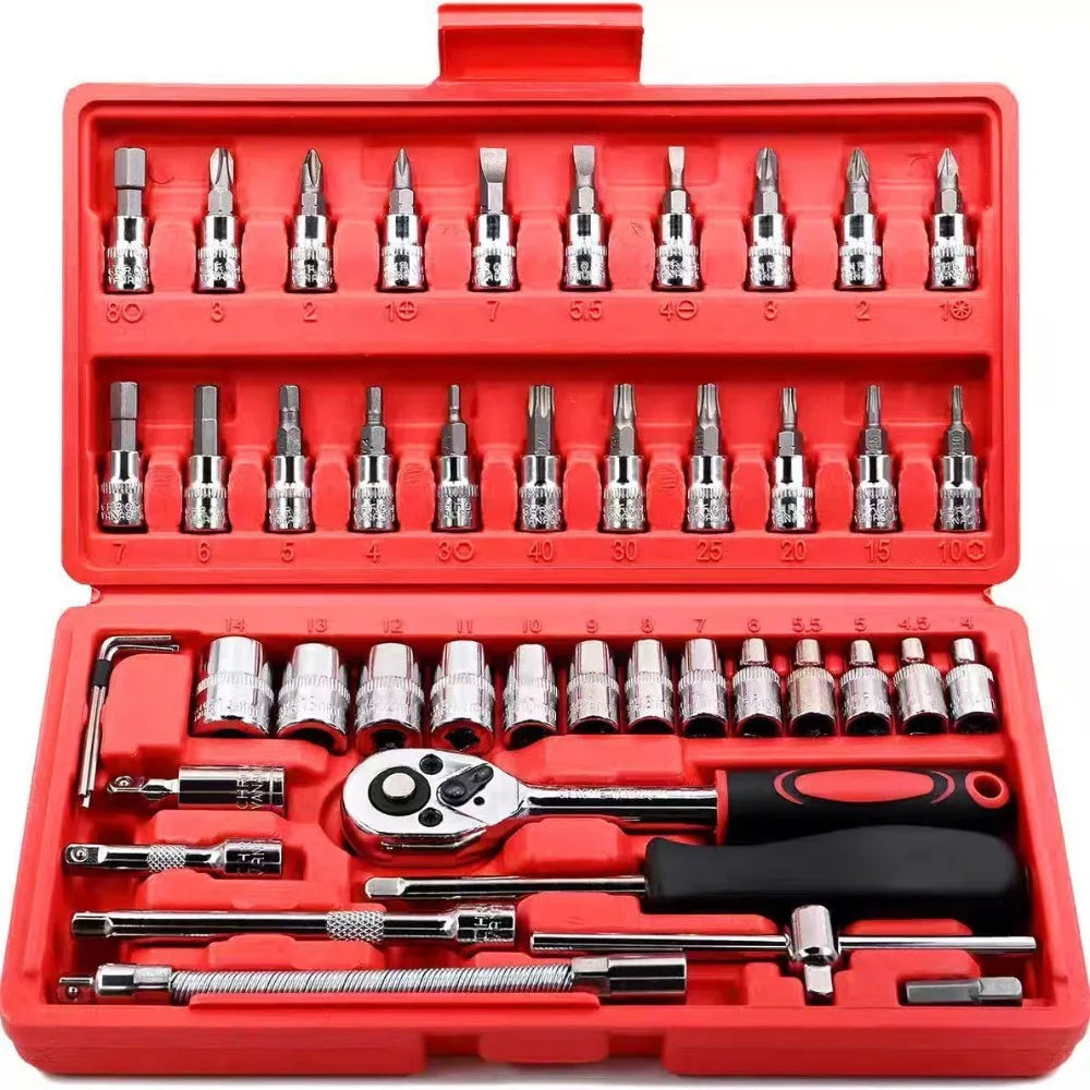 46-Piece Auto Maintenance Repair Combination Ratchet Wrench Toolbox, Vehicle-Mounted Socket Repair Set for Auto Maintenance