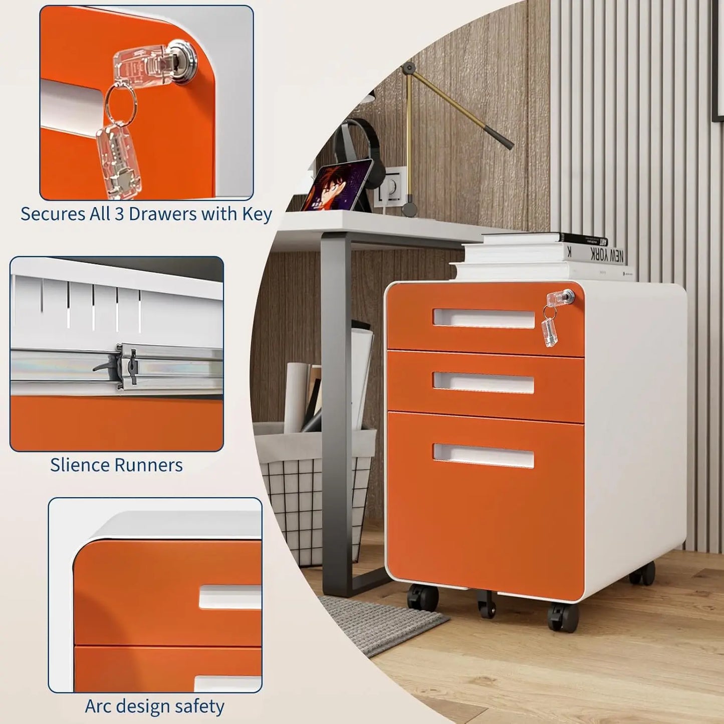Lockable Secure 3-Drawer Metal File Cabinet Mobile Under Desk Storage on 5 Wheels, Anti-Tilt, for Home Office Organization