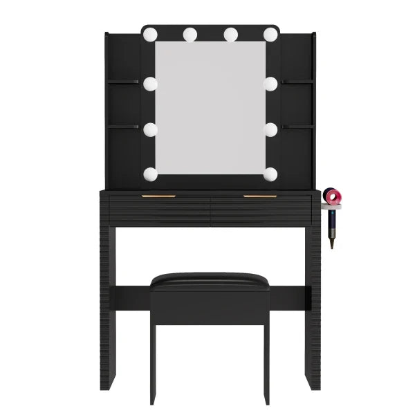 Makeup Vanity Desk with 10 Bulbs, Fluted Dressing Table with Charging Station, 2 Drawers and 4 Open