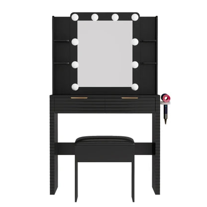 Makeup Vanity Desk with 10 Bulbs, Fluted Dressing Table with Charging Station, 2 Drawers and 4 Open