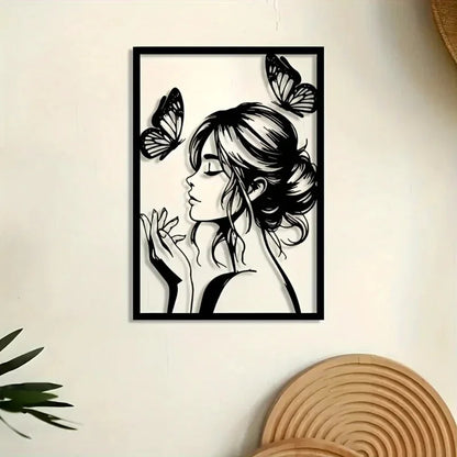 Metal Wall Art with Woman & Butterfly – Elegant Framed Decor for Room, Patio, Terrace, Perfect Gift for Her