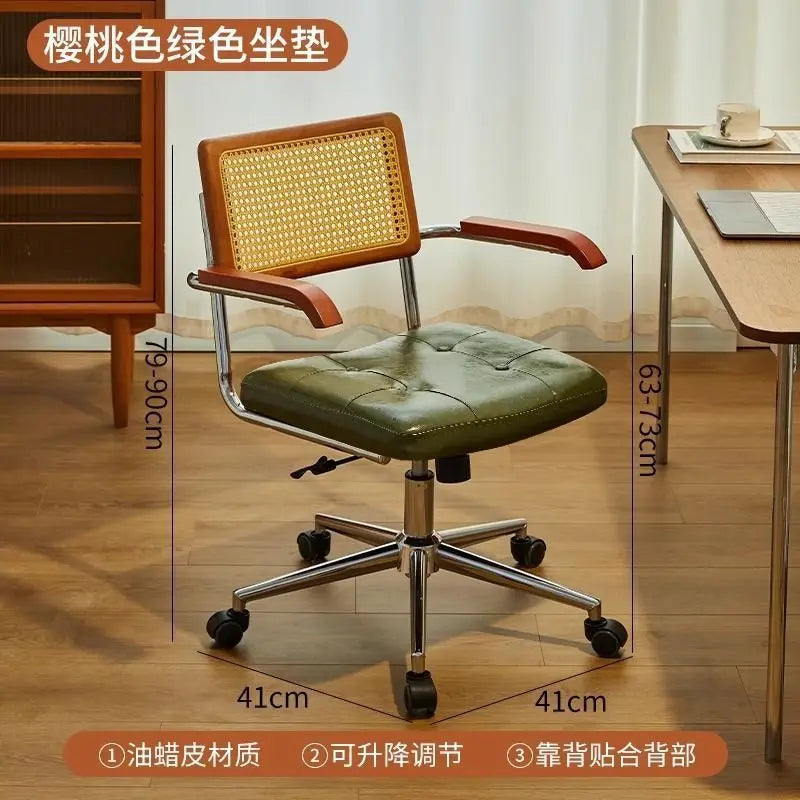 Rattan solid wood office chair Internet celebrity retro rattan chair computer chair home lift swivel chair student study chair