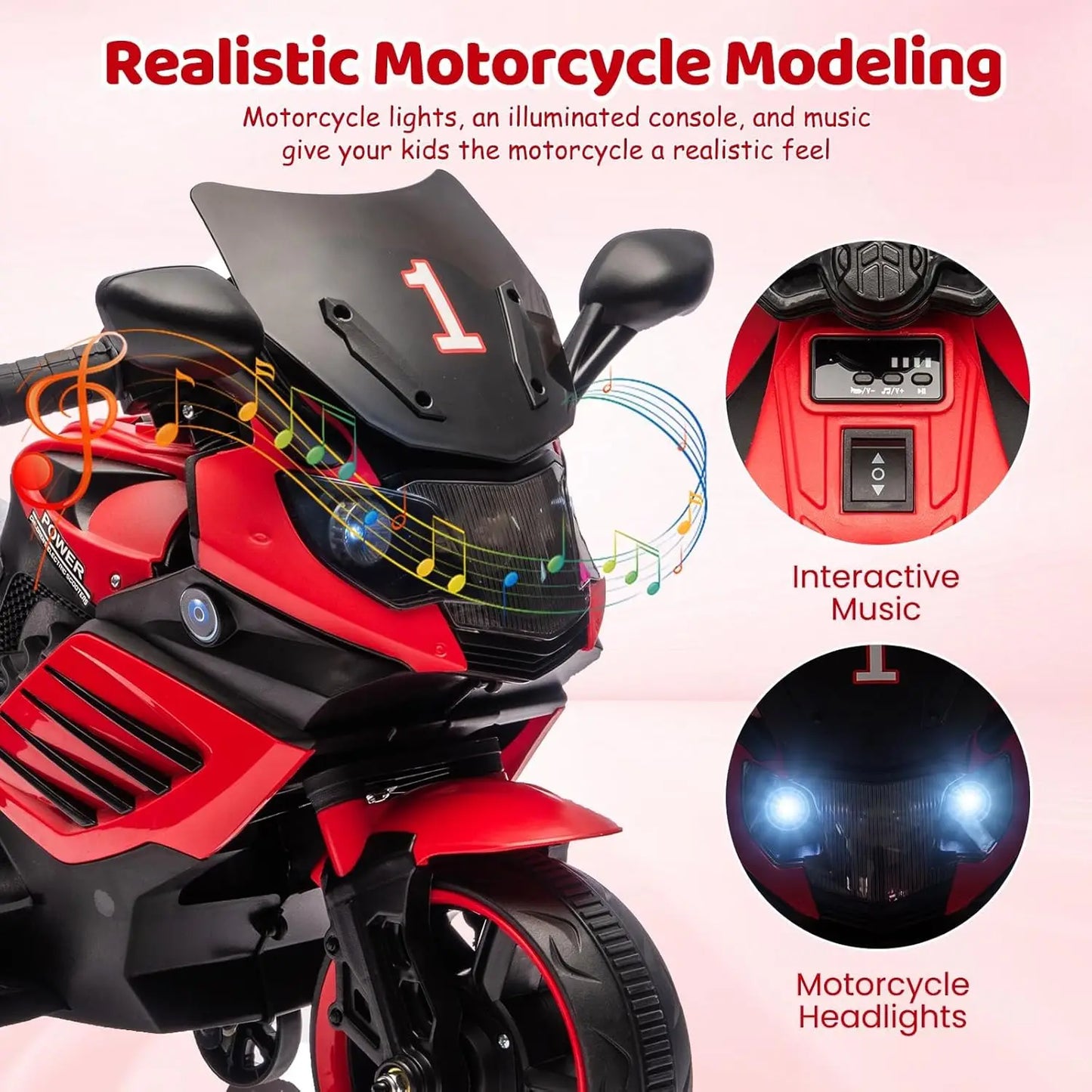 6V Kids Motorcycle, Electric Ride On Car Toy with Training Wheels,Headlight, Horn & Music for Toddlers Boys Girls Ages 3-6 Years