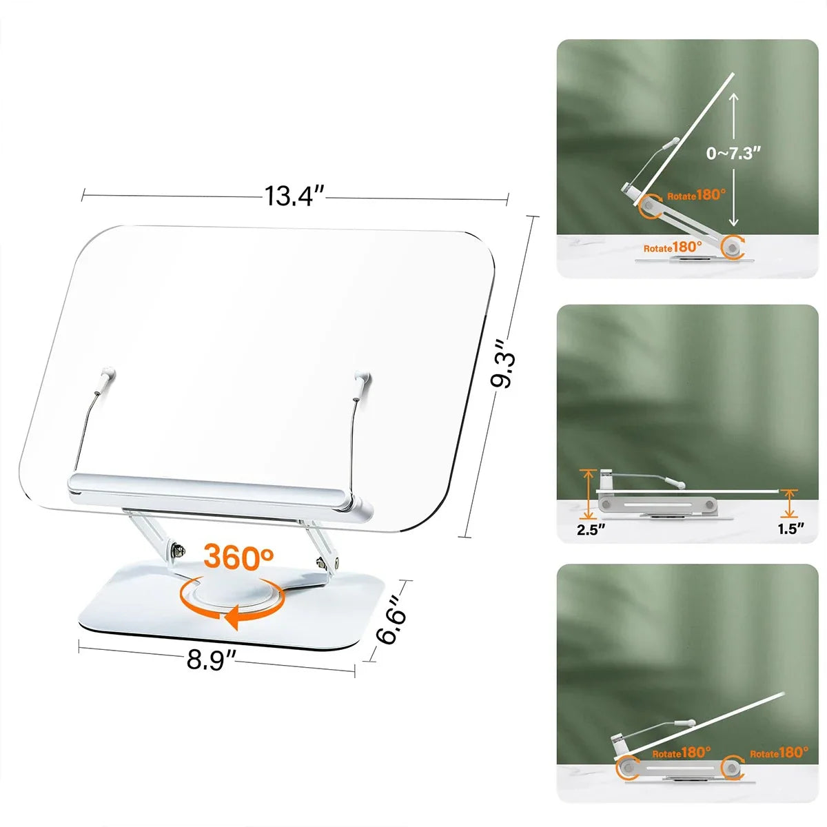 Acrylic Book Stand for Reading Adjustable Book Holder with 360° Rotating Base Elastic Page Clips Foldable Desktop Riser Stand