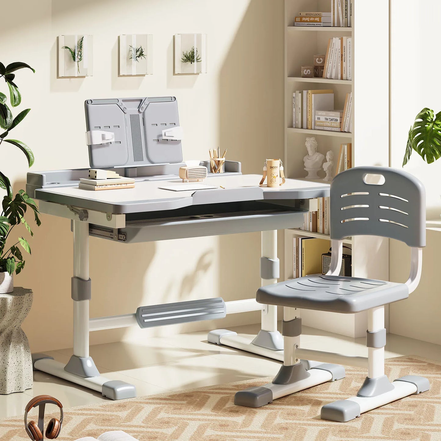 Functional Desk and Chair Set, Height Adjustable Study Desk with Tilt Desktop, Bookstand, Storage Drawer