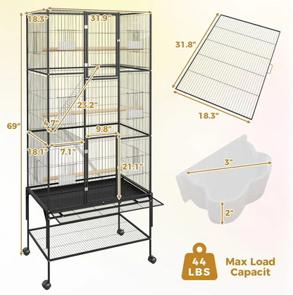 69-Inch Extra Large Rolling Bird Cage for Parrots and Cockatiels Flight Cage with Storage Shelf,Feed Bowls & Wood Perches