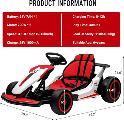 24V Electric Drift Go Kart for Kids with 200W Dual Motor,Music, Horn,8.1MPH High Speed,Ride On Racing Toy for Teens, Boys Girls
