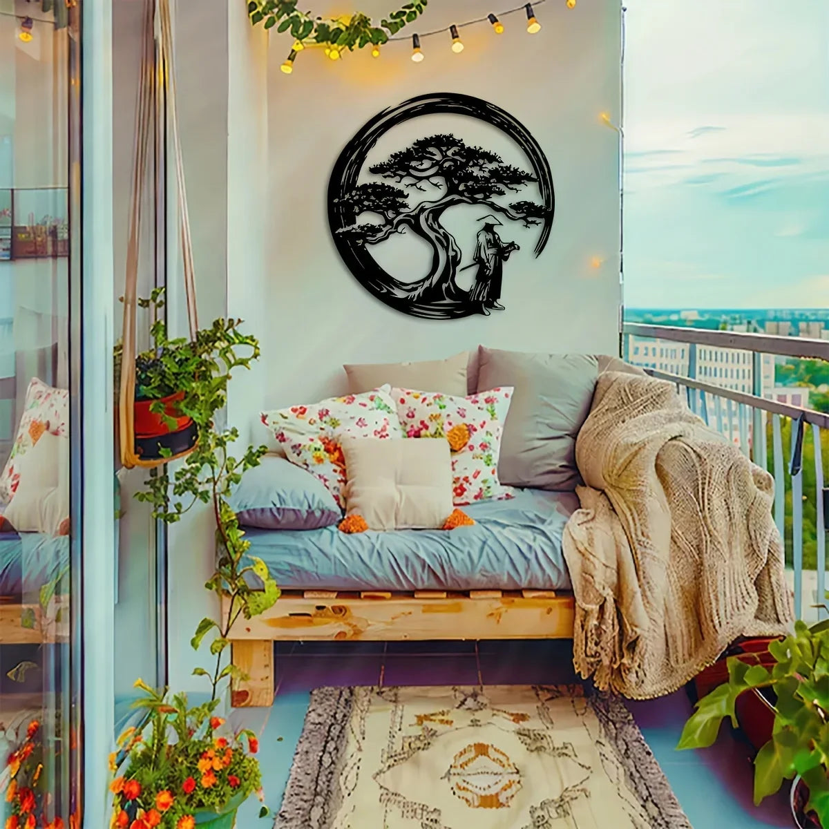 Japanese Bonsai Tree Metal Wall Art 15.7x15.7 Tori Gate Enso Cutout Creative Modern Home Accent Unique Housewarming Gift