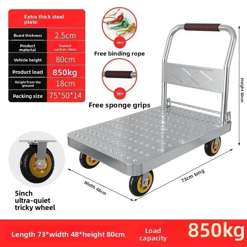 Steel plate pulling trolley trolley trolley handling thickened foldable portable silent trailer pulling flat truck
