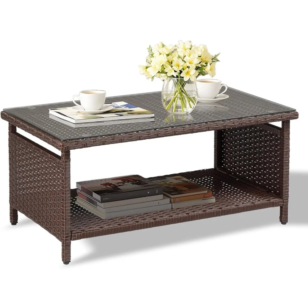Outdoor Wicker CoffeeTable Patio Coffee Tables for Outside, Tempered Glass Top Wicker Table with Storage Coffee Table for Patio